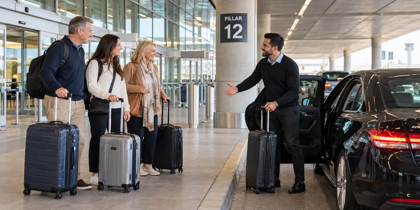Driver greeting travellers with luggage at the airport pickup pillar