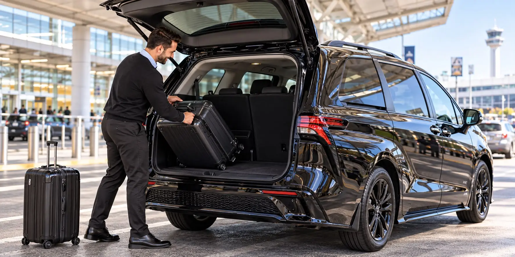 Driver loading luggage into a minivan