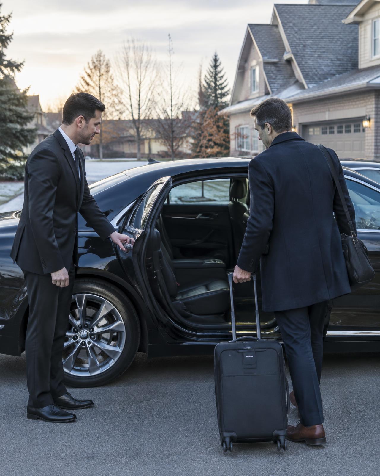 Driver opening the rear door of a black sedan for a traveller outside his home