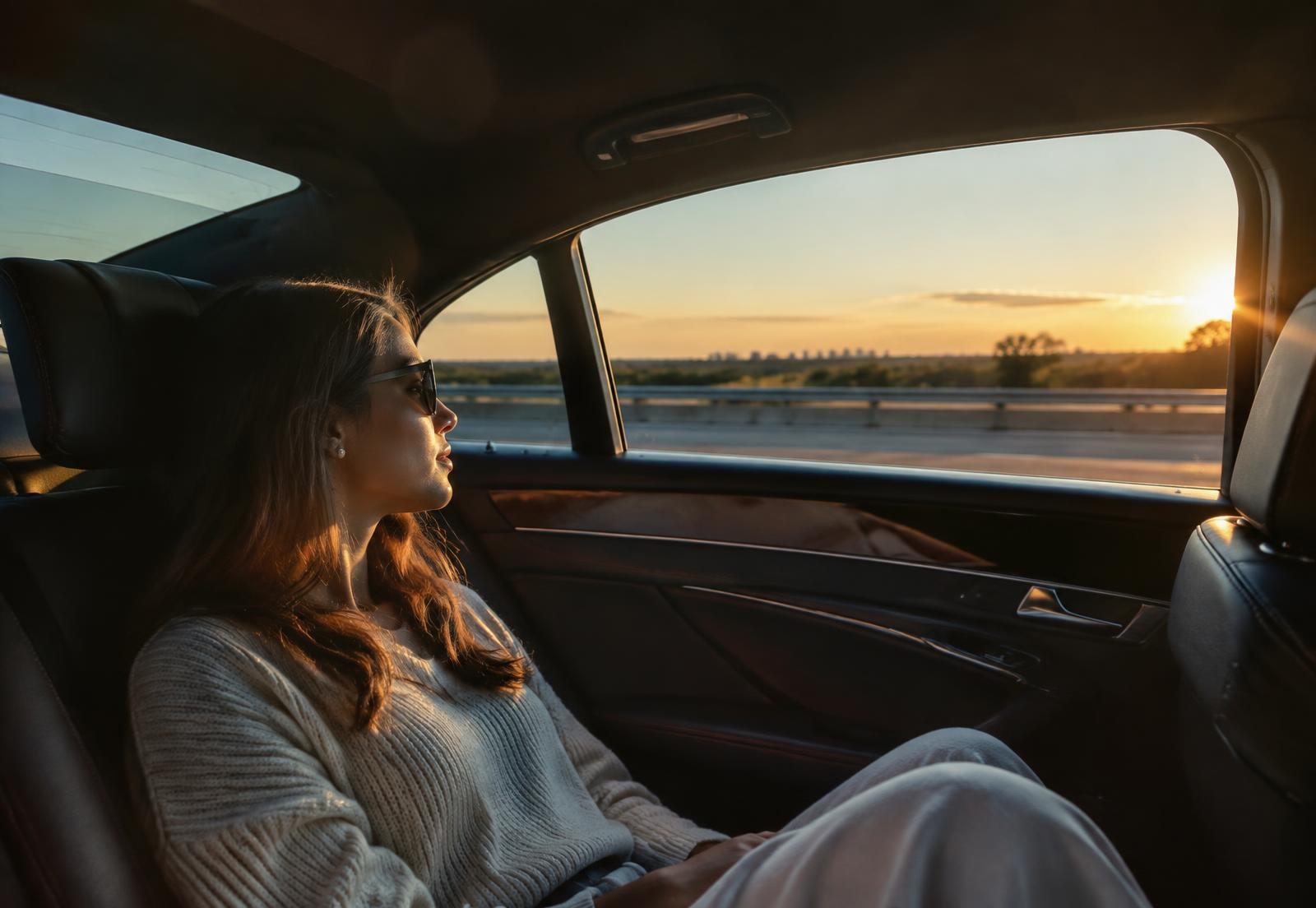 Passenger relaxing in the back seat of a private car at sunset