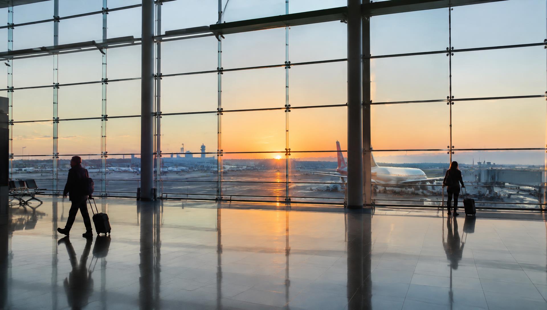 Airport terminal interior at sunrise